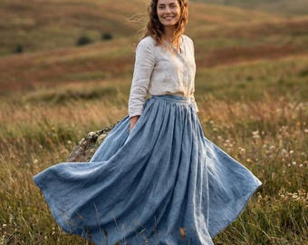 100% Leinen Maxi-Rock, Langer Leinenrock für Damen, Renaissance Rock, Mittelalterlicher Kostüm-Rock, Cottagecore Boho Bauern Rock