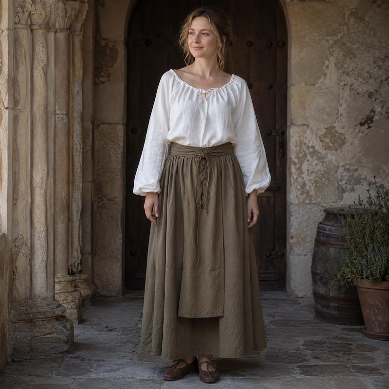 May include: A long-sleeved white blouse with a gathered neckline and a drawstring tie, paired with a floor-length olive green skirt featuring a wide waistband and a central lace-up detail with long fabric ties hanging down the front.