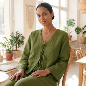 100% Linen Tie Front Top, Women's Linen Blouse, V Neck Linen Top, Long Sleeve Linen Shirt, Boho Summer Top, Linen Cardigan image 2