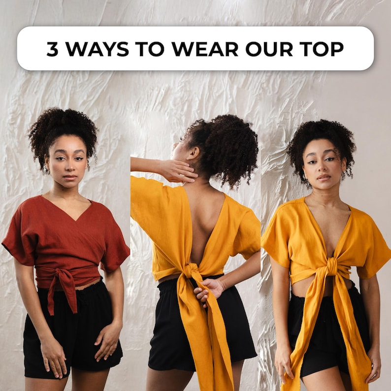 May include: Three images demonstrating different ways to wear a wrap top. The top is shown in rust and mustard yellow, worn with black shorts. The text "3 WAYS TO WEAR OUR TOP" is displayed at the top of the image.