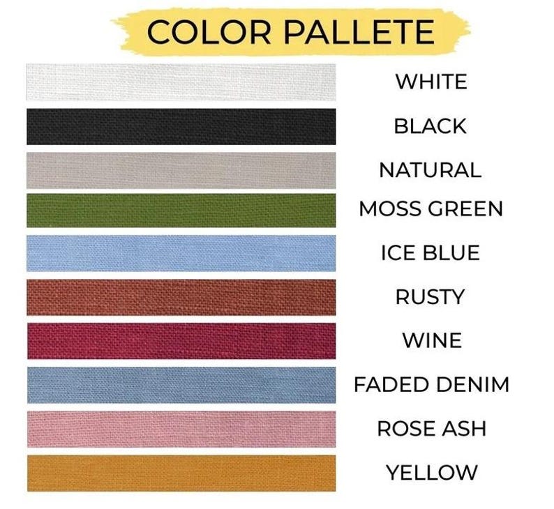 May include: A colour palette graphic with the text "COLOR PALLETE" at the top. The palette displays ten colour swatches: white, black, natural, moss green, ice blue, rusty, wine, faded denim, rose ash, and yellow.