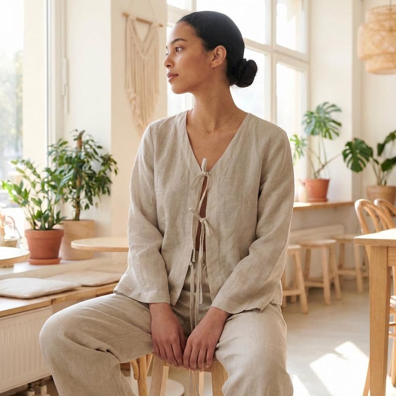 100% Linen Tie Front Top, Women's Linen Blouse, V Neck Linen Top, Long Sleeve Linen Shirt, Boho Summer Top, Linen Cardigan image 7