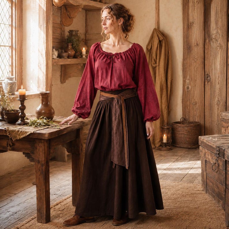 May include: A long-sleeved dark red blouse with a gathered neckline and tie detail, paired with a floor-length dark brown skirt featuring a wide, wrap-around fabric belt tied at the waist. The outfit is made of a textured, woven fabric.