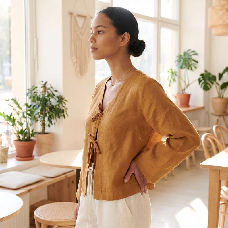 100% Linen Tie Front Top, Women's Linen Blouse, V Neck Linen Top, Long Sleeve Linen Shirt, Boho Summer Top, Linen Cardigan image 3