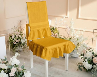 Linen Chair Seat & Back Cover, Ruffled chair seat cover, French linen chair skirts, Wedding chair cover, Kitchen chair cover