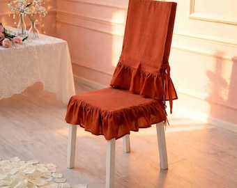 Linen Chair Seat & Back Cover, Ruffled chair seat cover, French linen chair skirts, Wedding chair cover, Dining chair cover,Boho chair cover
