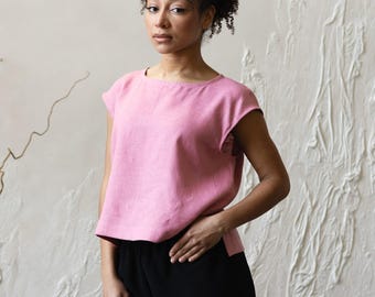 Top de lino natural con cuello barco, Top corto de lino para mujer, Camisetas de tirantes de lino para mujer, Top holgado de lino, Camisetas de lino para mujer, Top de lino de tallas grandes