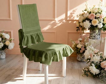 Linen Chair Seat & Back Cover, French linen chair skirts, Ruffled chair seat cover, Wedding chair cover, Shabby chair cover