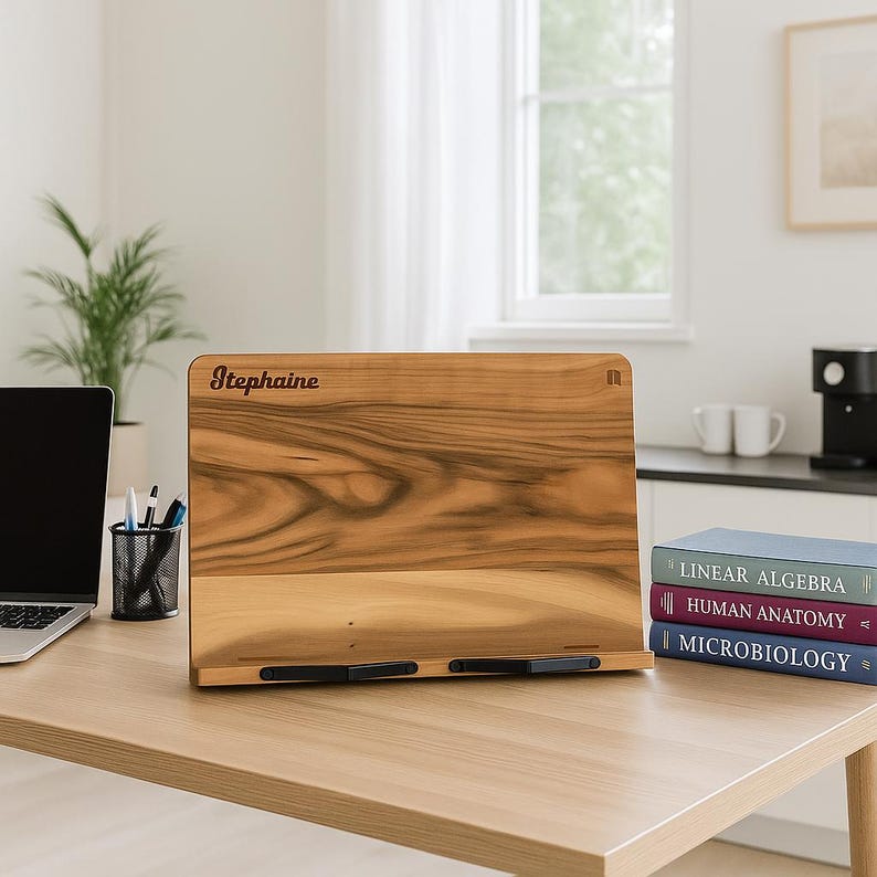May include: Wooden book stand with the name "Stephaine" engraved on the top left. The stand is made of light and dark brown wood. The stand is on a wooden desk with a laptop, pen holder, and books.