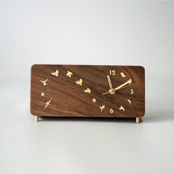 Hand-Carved Walnut Desk Clock: Brass Bird Inlay, Pen Groove
