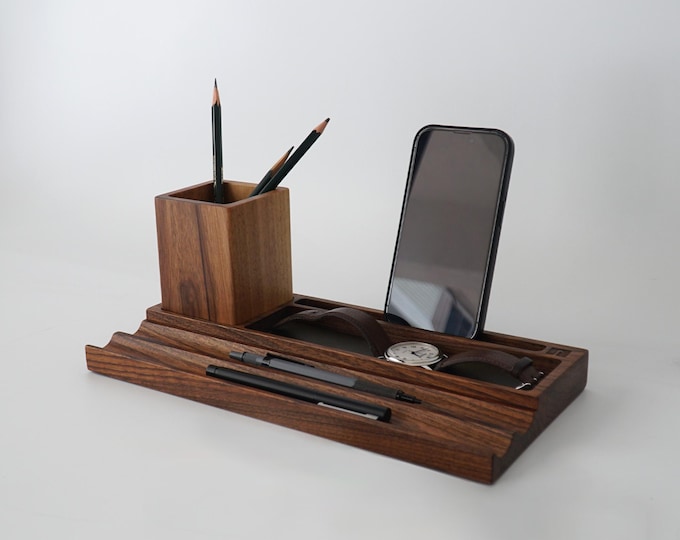 Personalized Walnut Desk Organizer with Leather Base - Luxury Office Caddy, Handmade Wooden Gift