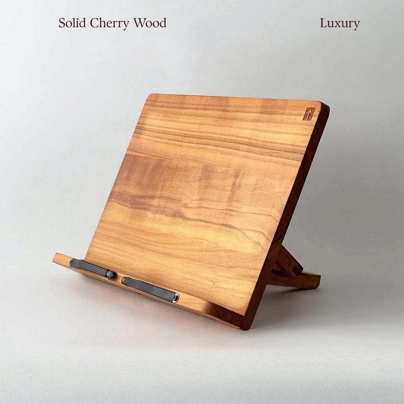 Personalized Solid Cherry Wood Book Stand - Adjustable wooden Cookbook stand and Tablet Holder