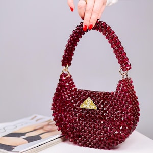 Sac de soirée en cristal bordeaux, sac à main perlé, pochette d'invité de mariage faite main, cadeau mère de la mariée, cadeau pour elle