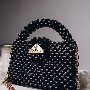 Schwarze Perlen Abendtasche, Elegante Lange Kette Schulter Geldbörse, Handgemachte Hochzeit Gast Clutch, Besondere Anlass Tasche, Geschenk für Sie.