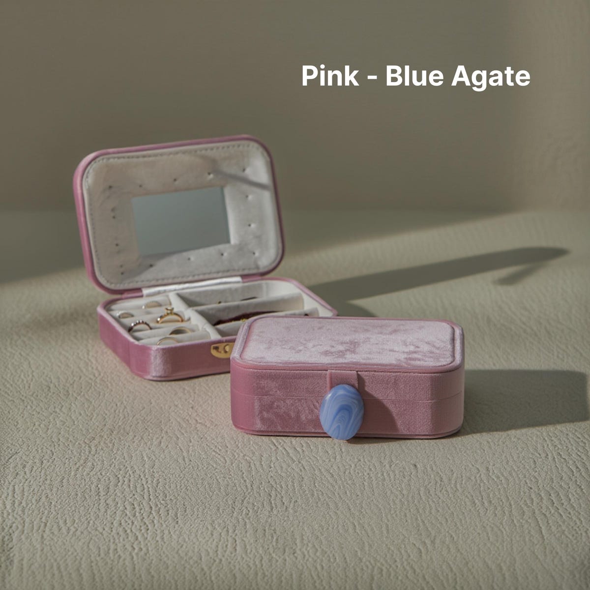 Velvet Jewelry Box Travel Case Mirror, Natural Stone Button Organizer, Portable Ring Earring Storage