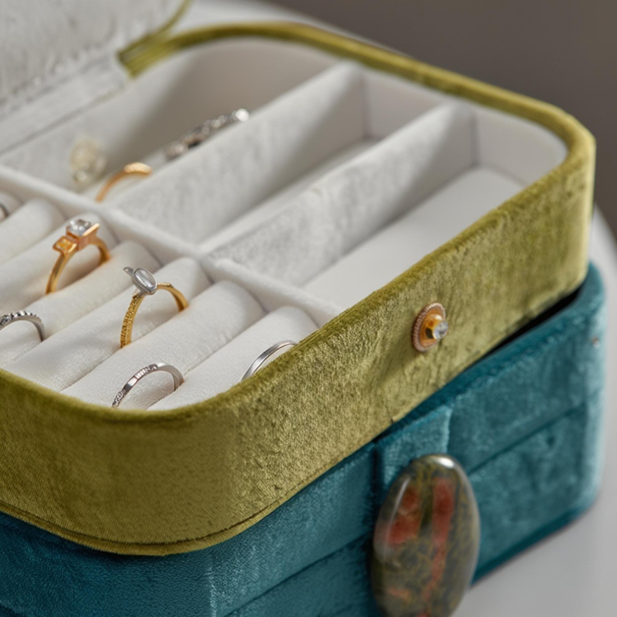 Velvet Jewelry Box Travel Case Mirror, Natural Stone Button