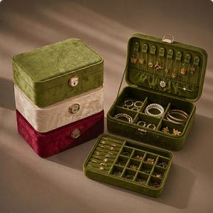 Può includere: Una collezione di portagioie in velluto verde oliva, crema e bordeaux. Una scatola è aperta, mostrando collane, bracciali e anelli. La scatola aperta e un vassoio separato sono pieni di gioielli. Le scatole hanno chiusure color oro.