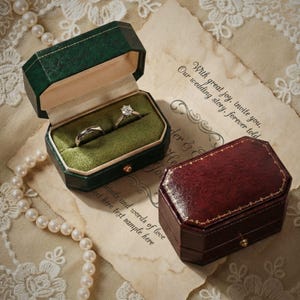 以下が含まれることがあります： 緑色の八角形のリングケースが開いており、指輪とダイヤモンドリングが入っています。近くには、閉じた、バーガンディ色の八角形のリングケースがあります。ヴィンテージ風の紙の上に置かれ、テキストと真珠のネックレスがあります。