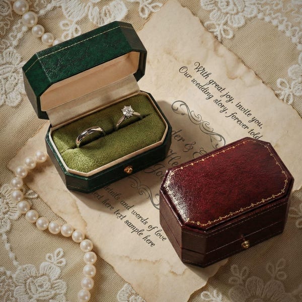 Octagon Velvet Ring Box for Two Rings, Vintage Leather Wedding Case