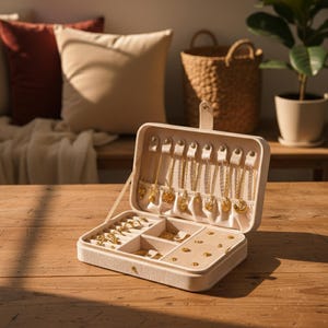 Peut inclure: Boîte à bijoux beige ouverte, remplie de colliers, bagues et boucles d'oreilles dorés. L'intérieur est beige et compartimenté. Posée sur une table en bois, avec des coussins et une plante en arrière-plan.