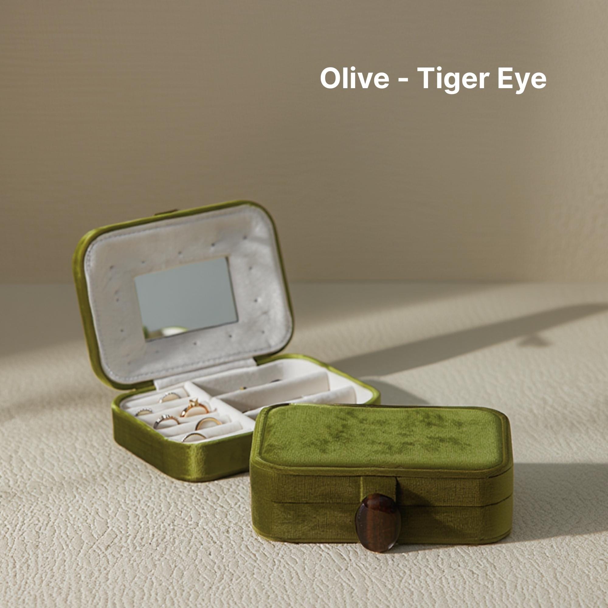 Velvet Jewelry Box Travel Case Mirror, Natural Stone Button