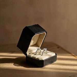 May include: A black, octagonal ring box with a cream-colored interior holds two diamond engagement rings. The rings have silver bands and prominent center stones. The box is open, displaying the rings against a soft, neutral background.