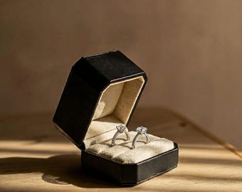 Black Octagon Ring Box, Vintage Double Slot Holder for Wedding Ceremony