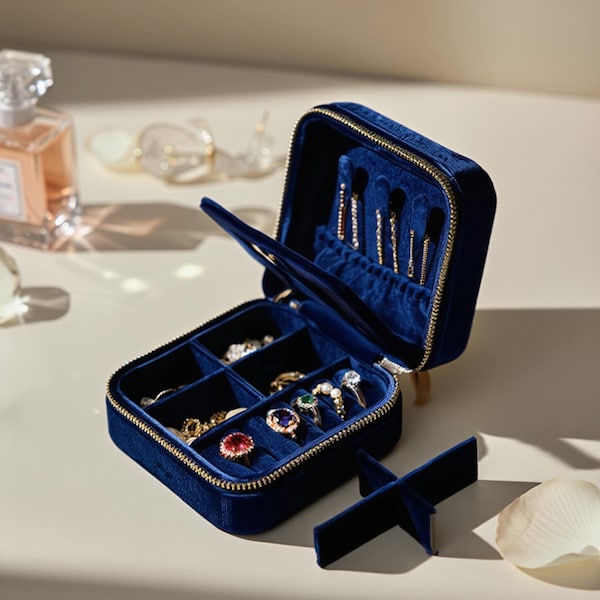Velvet Jewelry Travel Case with Mirror, Small Ring Holder Box, Square Zipper Organizer