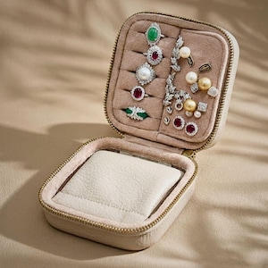 May include: Open beige jewelry travel case with a gold zipper, showcasing rings with emeralds, rubies, and pearls. Also visible are earrings with pearls and diamonds. The case is lined with a soft, light brown material.