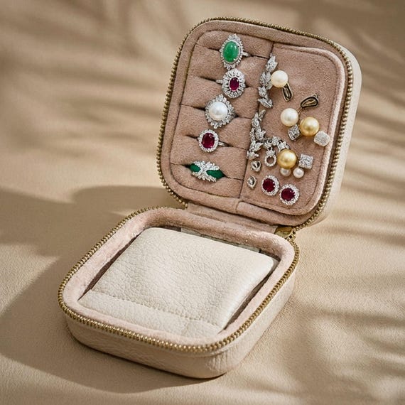 Kleine Leder Reise Schmuck Etui in Smaragd Grün & Creme Beige. Kompakter Schmuck Organizer