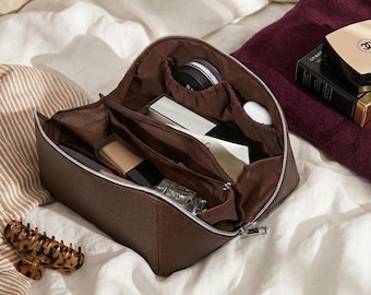Brown Pebble Vegan Leather Makeup Bag, Large Travel Toiletry Case for Her