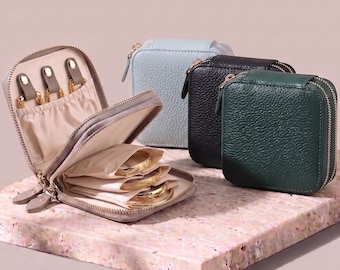 Pebble Leather Jewelry Case, Double Zipper Travel Pouch for Anniversary Gift