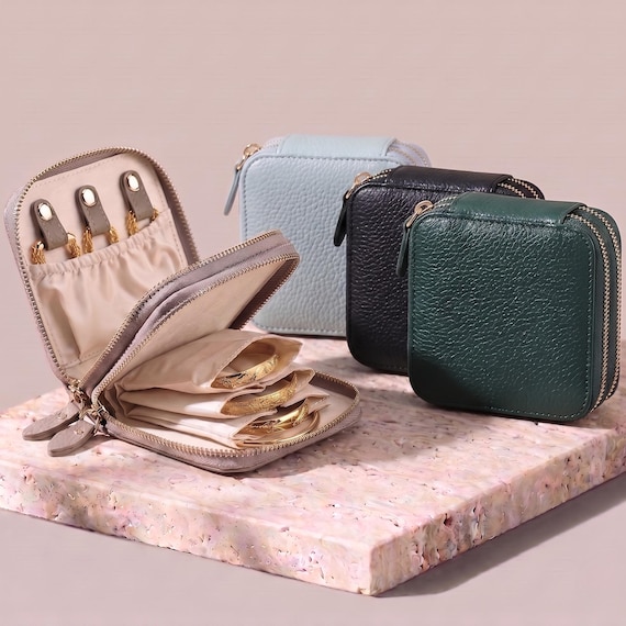 Pebble Leather Jewelry Case, Double Zipper Travel Pouch for Anniversary Gift