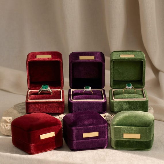 Velvet Ring Box with Gold Bar Accent - Art Deco Proposal Case - Vintage