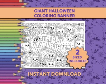 Giant Halloween Coloring Banner - Kawaii Kids Design - Printable Design for All Ages