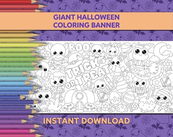 Giant Halloween Coloring Banner - Kawaii Kids Design - Printable Halloween Activity for All Ages