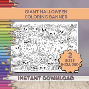 Giant Halloween Coloring Banner - Kawaii Kids Design - Printable Design for All Ages