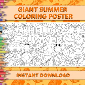 Puede incluir: Un póster gigante de verano para colorear con el texto HELLO SUMMER rodeado de ilustraciones en blanco y negro de cangrejos, conchas, helados, chanclas y un castillo de arena, enmarcado por una fila vertical de lápices de colores.