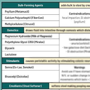 Tabel met geneesmiddelen tegen constipatie | Cheatsheet NAPLEX | Naslaggids voor belangrijke feiten | Digitale download voor studenten en professionals | 1 pagina