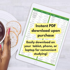 May include: A white tablet displays a green and white chart with medical information. Text on the screen reads "Instant PDF download upon purchase" and "Easily download on your tablet, phone, or laptop for convenient studying!"