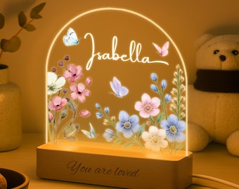 Personalized Floral Butterfly Night Light: Engraved Nursery Decor, Teen Gifts Girls