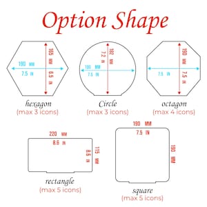 May include: Diagram illustrating five shapes: hexagon, circle, octagon, rectangle, and square. Dimensions are provided in both inches and millimetres. The text "Option Shape" is written in red script at the top.