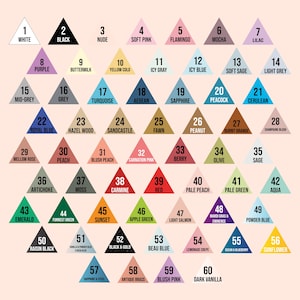 May include: A colour chart displaying 60 triangular colour swatches, each labelled with a unique name. Colours range from white and black to vibrant hues like red, turquoise, and emerald. The chart is ideal for artists and designers.