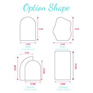 May include: Diagram illustrating four shape options: Dome (120mm x 180mm), Wave (140mm x 180mm), Crescent (120mm x 180mm, 150mm), and Rectangle (120mm x 220mm). The text "Option Shape" is in a teal script font.