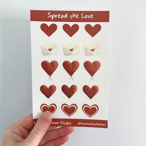 Feuille d'autocollants Spread The Love - 15 autocollants coeurs pour enveloppes, scrapbooking, journaux, cartes de vœux, invitations, etc. !