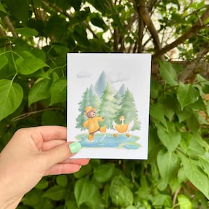 Cute card with bear and goose jumping / playing in puddles - watercolour style - hand drawn original art - baby shower, birthday, etc.