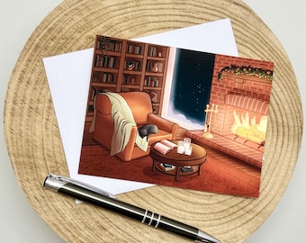 Cozy Fireplace Card - Winter, Library, Christmas