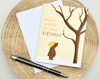 Winter Birthday Card - Bear and Bird - Yellow