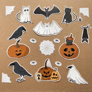 Stickers d'Halloween faits main - Stickers mignons découpés pour chats, corbeaux, chauves-souris, toiles d'araignées et citrouilles pour la saison effrayante