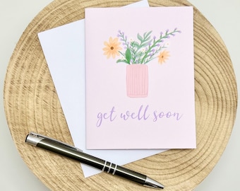 Get Well Soon Card - Hand-Drawn - Flower Vase, Pink